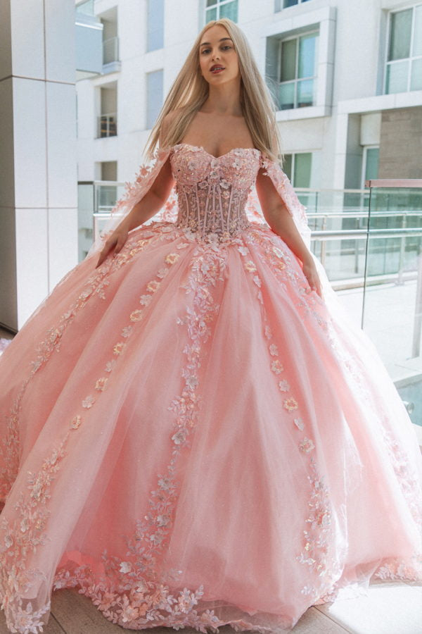 3D Flower Off Shoulder Glitter Quinceanera Dress by GLS by Gloria - GL3468