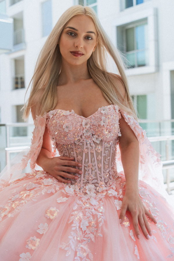 3D Flower Off Shoulder Glitter Quinceanera Dress by GLS by Gloria - GL3468