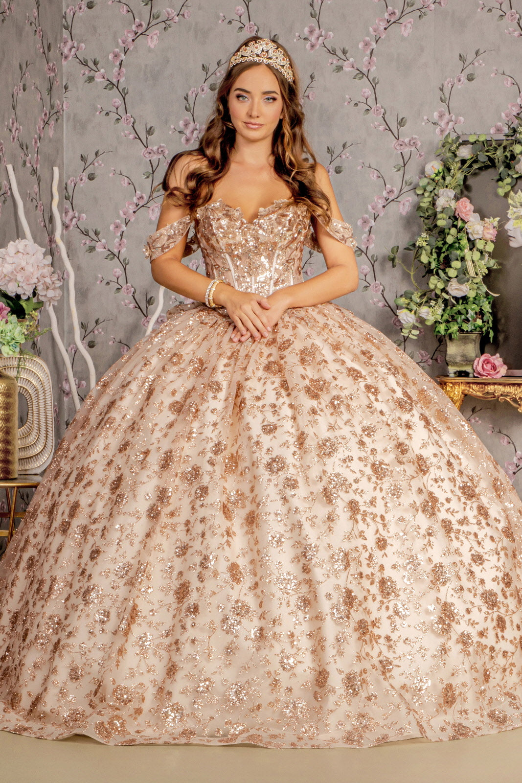 Metallic 3D Flower Off Shoulder Quinceanera Dress by GLS by Gloria - GL3485