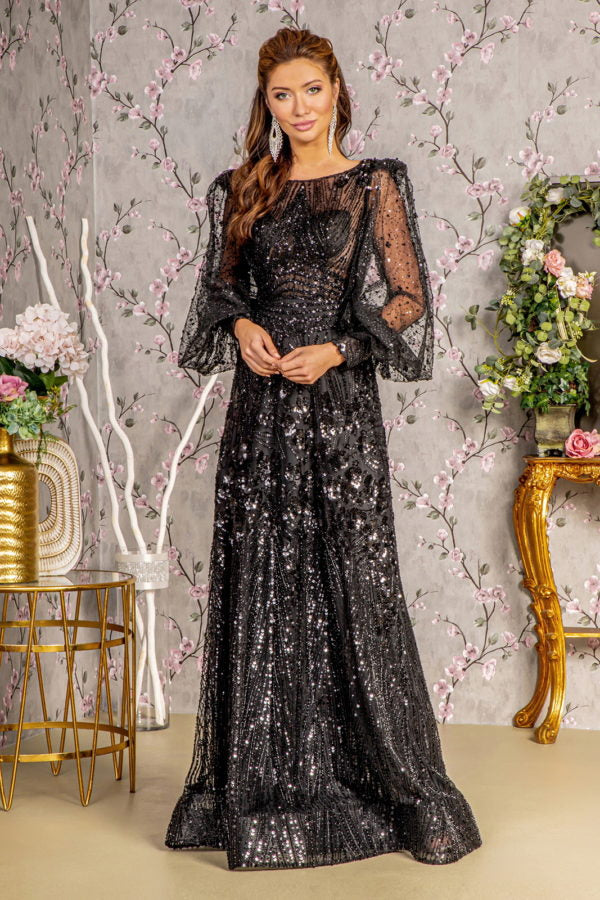 a line glitter dress LaDivine KV1108: A-line Gown with Scalloped Sequin Ruffles Black / 2