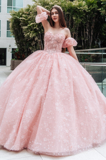 Strapless Glitter Print Sweetheart Quinceanera Dress by GLS by Gloria - GL3505