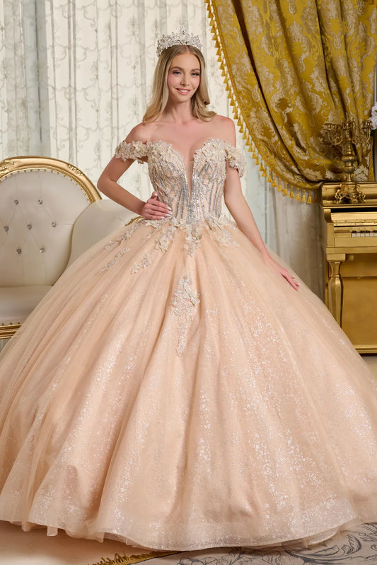 Glitter Netting V-Neckline Quinceanera Dress by Elizabeth K - GL3630