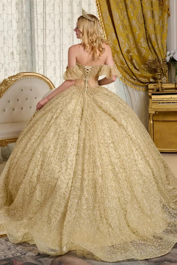 Embroidery Sequin V-Neckline Quinceanera Dress by Elizabeth K - GL3632 Gold / S Embroidery Sequin V-Neckline Quinceanera Dress by Elizabeth K - GL3632 Gold / S
