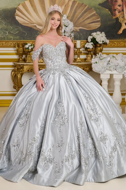Satin 3D Floral Appliques V-Neckline Quinceanera Dress by Elizabeth K - GL3643