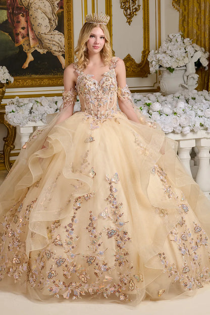 3D Butterfly Cut-Away Shoulder Quinceanera Dress by Elizabeth K - GL3648