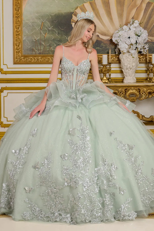 Spaghetti Strap V-Neckline Tulle Quinceanera Dress by Elizabeth K - GL3649