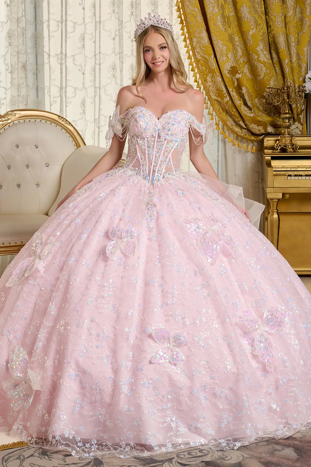 3D Butterfly Off Shoulder Tulle Quinceanera Dress by Elizabeth K - GL3651