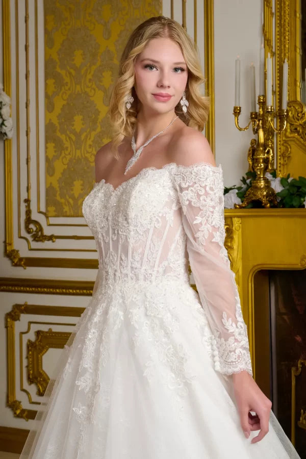 Embroidery Long Sleeve A-Line Wedding Gown GLS by Gloria - GL3653 Off White / XS