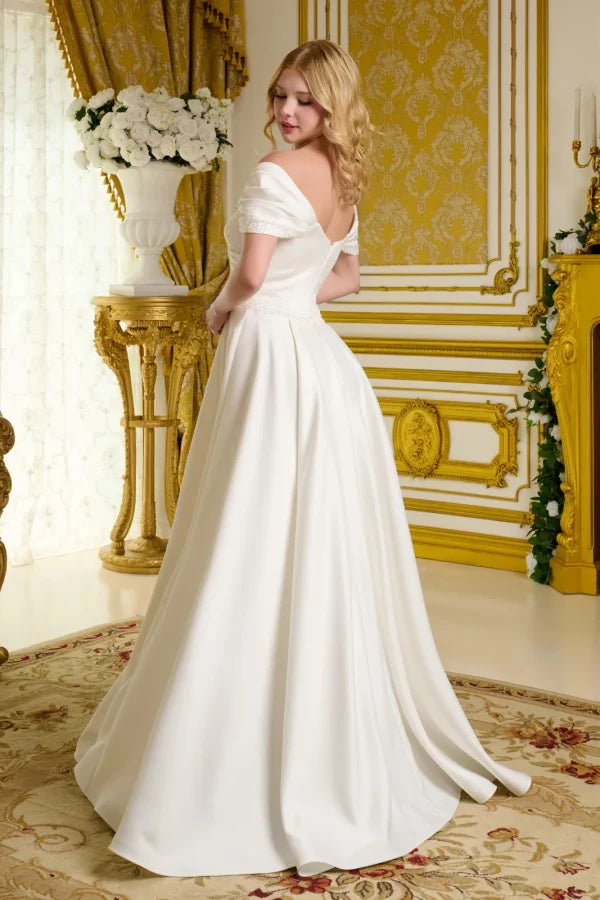 Pleated Long Bridal A Line Beaded Wedding Dress