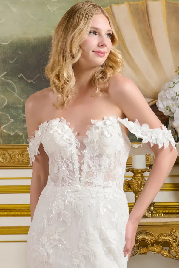 lace mesh wedding dress Elizabeth K Fitted Off Shoulder Bridal Gown GL3656