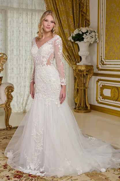 Embroidery V-Neckline Trumpet Wedding Gown GLS by Gloria