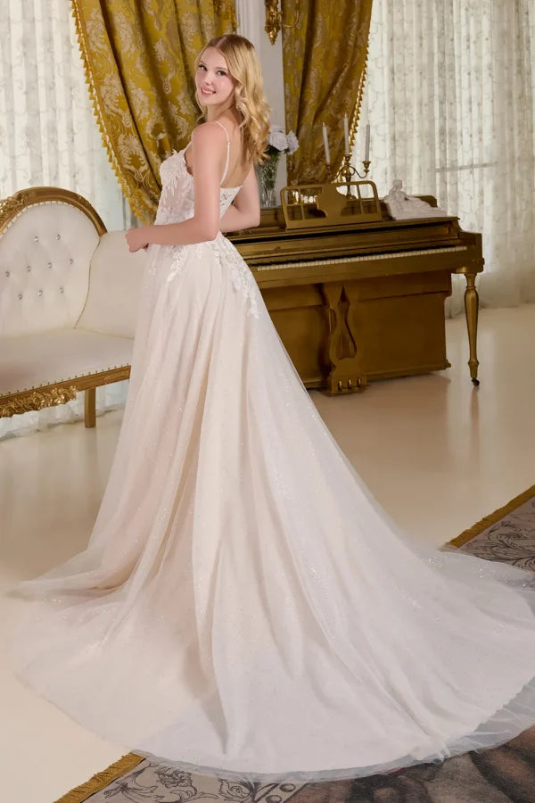 GLS by Gloria Bridal GL3663 - Long Mesh A-Line Dress - Adjustable Spaghetti Straps, Illusion Corset Bodice, Beaded, Sequin, Embroidery, Lace-Up Back, GLS by Gloria Bridal GL3663 - Long Mesh A-Line Dress - Adjustable Spaghetti Straps, Illusion Corset Bodice, Beaded, Sequin, Embroidery, Lace-Up Back,