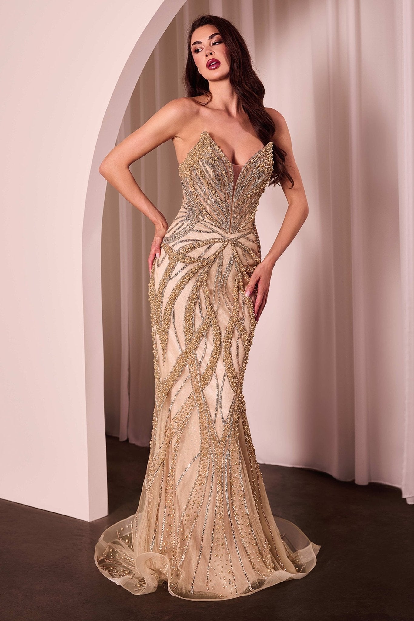 Embellished Plunging Neckline Mermaid Gown By Ladivine CC0688 - Women Evening Formal Gown - Special Occasion/Curves