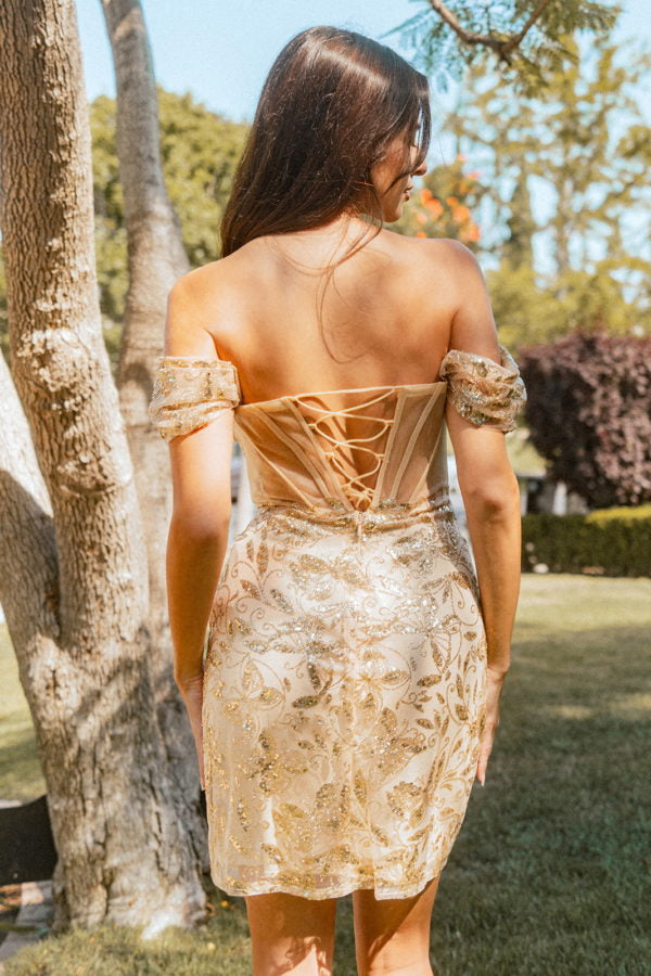 gold off the shoulder dress short Elizabeth K GS3510 Glitter Dress