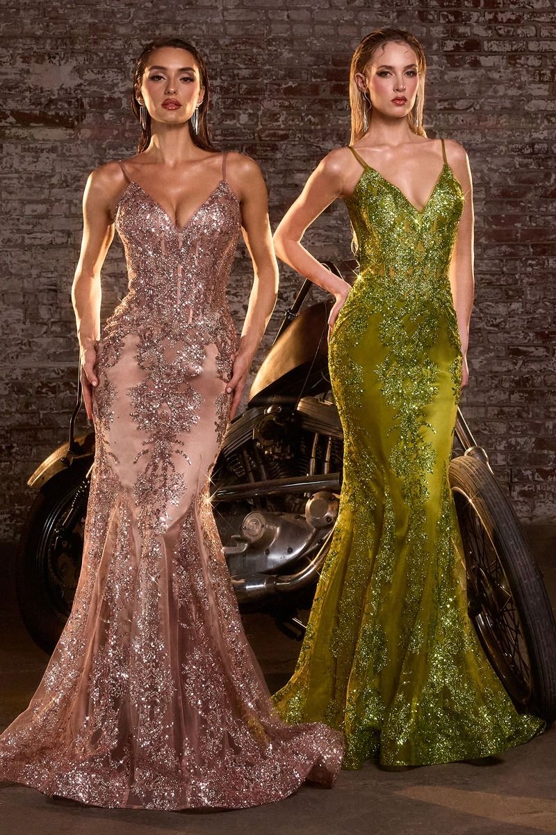 Fitted Floral Glitter Print Corset Mermaid Gown by Ladivine J810 - Special Occasion
