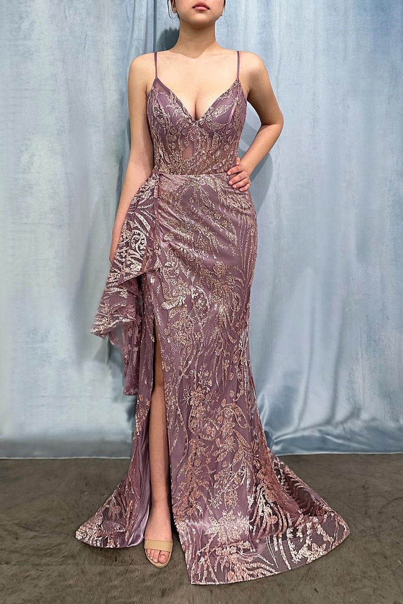 Fitted Flare Glitter Print with Side Peplum Gown by Ladivine J856 - Special Occasion/Curves 20 / Gold-Violet Fitted Flare Glitter Print with Side Peplum Gown by Ladivine J856 - Special Occasion/Curves 20 / Gold-Violet