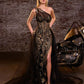 One Shoulder Glitter Tulle Leg Slit Gown by Cinderella Divine J869 - Special Occasion