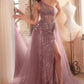 One Shoulder Glitter Tulle Leg Slit Gown by Cinderella Divine J869 - Special Occasion