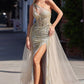 One Shoulder Glitter Tulle Leg Slit Gown by Cinderella Divine J869 - Special Occasion