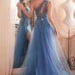 One Shoulder Glitter Tulle Leg Slit Gown by Cinderella Divine J869 - Special Occasion