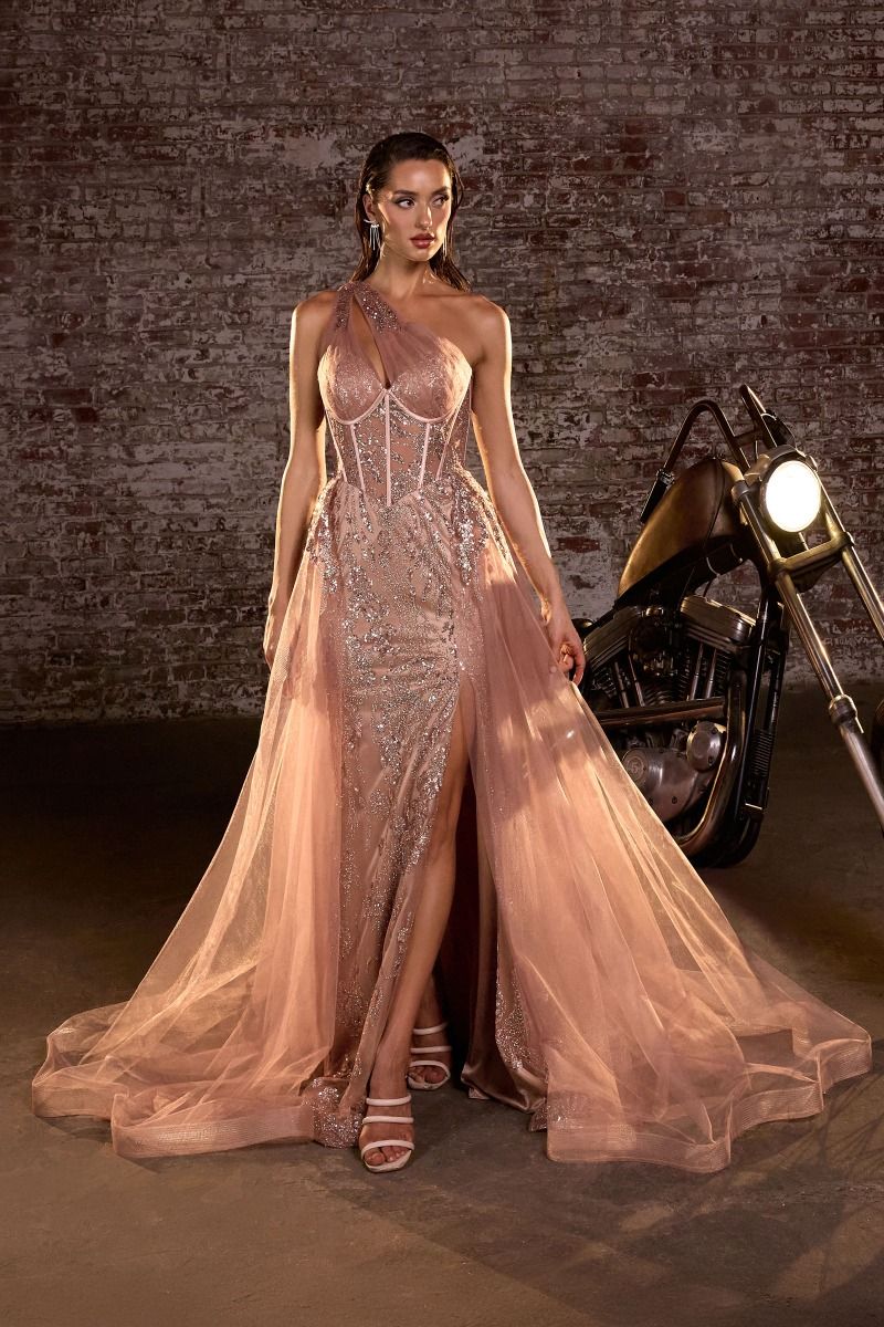 One Shoulder Glitter Tulle Leg Slit Gown by Cinderella Divine J869 - Special Occasion