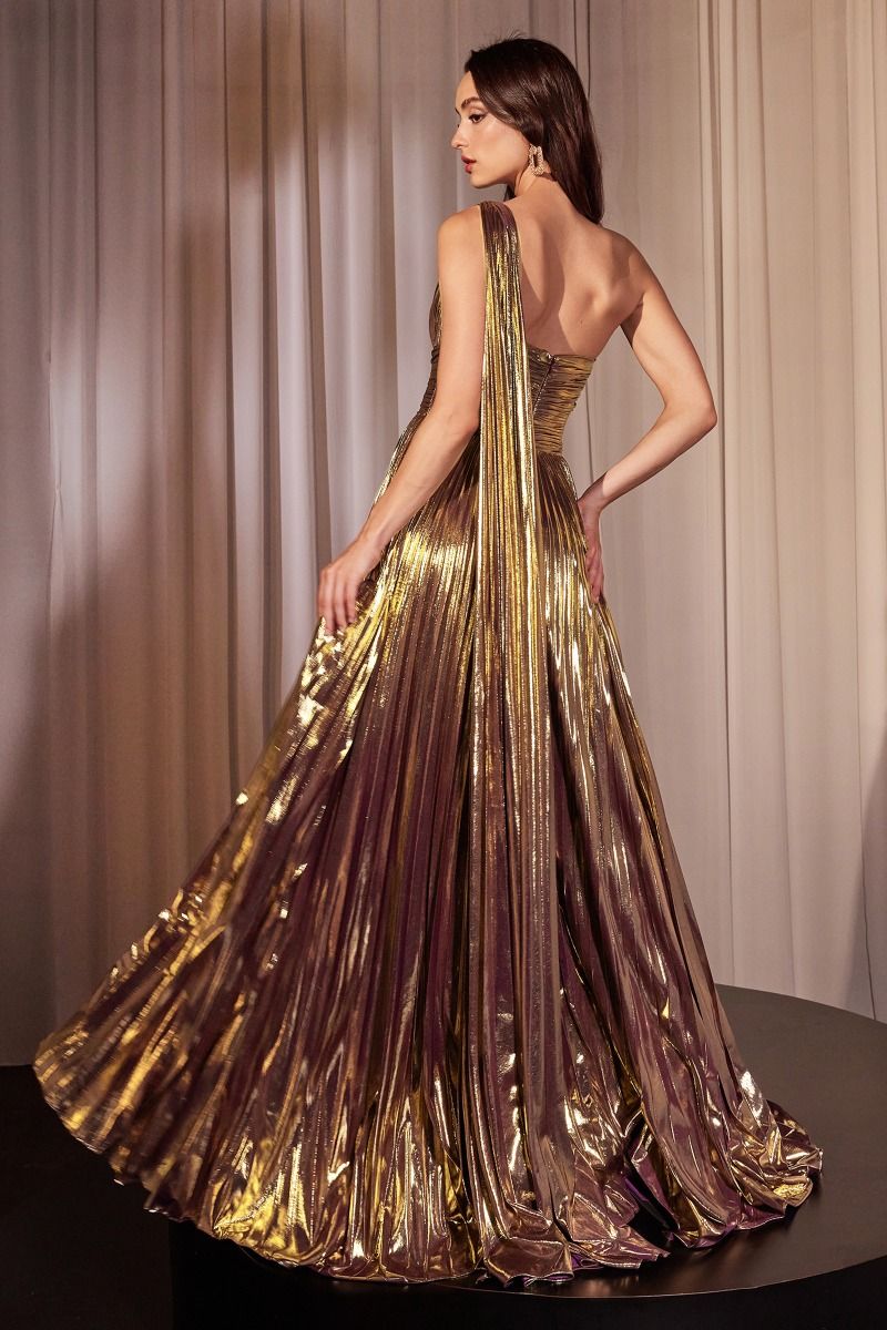 One Shoulder Metallic Pleated A-Line Gown by Cinderella Divine J874 - Special Occasion