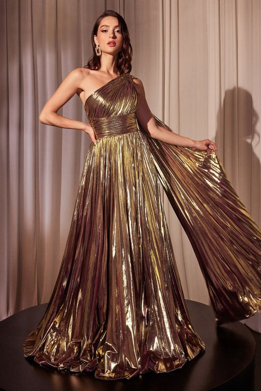 One Shoulder Metallic Pleated A-Line Gown by Cinderella Divine J874 - Special Occasion