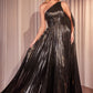 One Shoulder Metallic Pleated A-Line Gown by Cinderella Divine J874 - Special Occasion