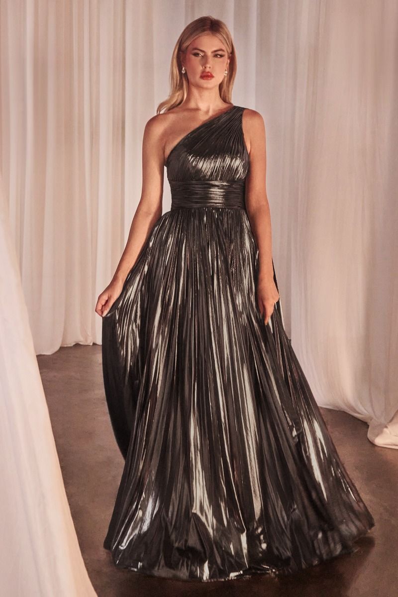 One Shoulder Metallic Pleated A-Line Gown by Cinderella Divine J874 - Special Occasion