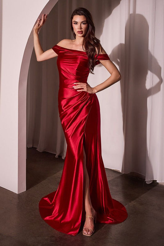 Satin Off The Shoulder Straps Gown By Ladivine J877 - Women Evening Formal Gown - Special Occasion/Curves