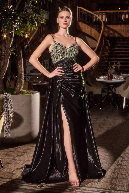 Embellished V-Neckline Leg Slit Gown By Ladivine J882 - Women Evening Formal Gown - Special Occasion