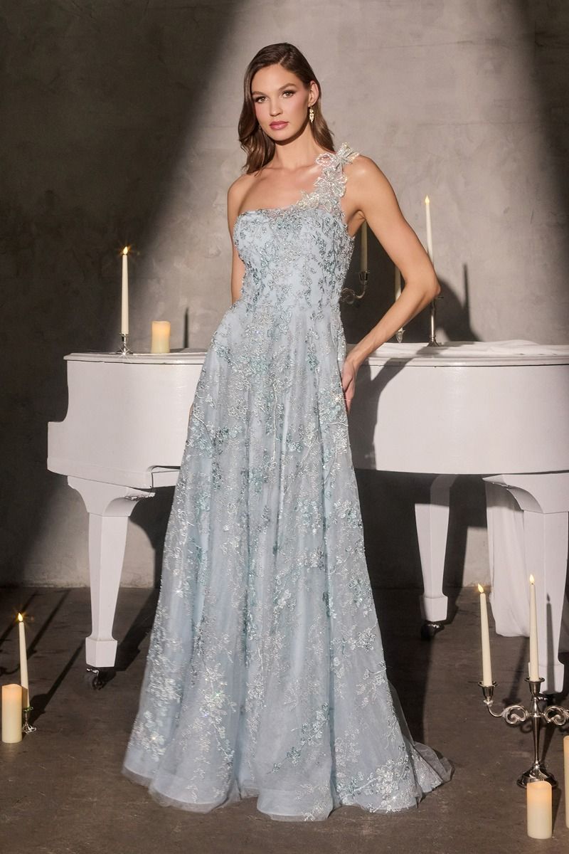 3D Floral One Shoulder A-Line Gown By Ladivine J909 - Women Evening Formal Gown - Special Occasion