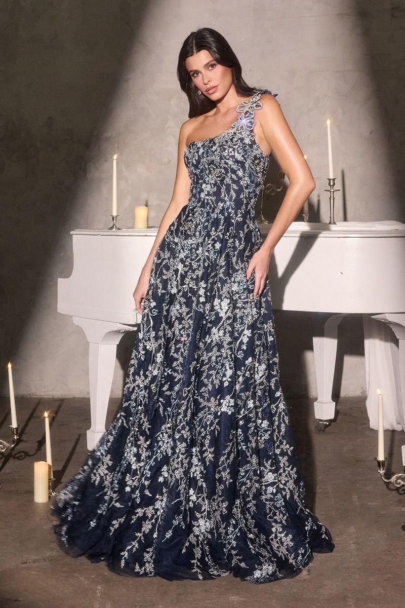 3D Floral One Shoulder A-Line Gown By Ladivine J909 - Women Evening Formal Gown - Special Occasion
