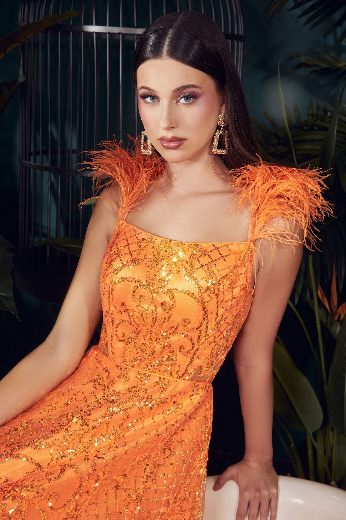 Feathered Ball Gown By Ladivine KV1076 - Women Evening Formal Gown - Special Occasion 6 / Neon-orange Feathered Ball Gown By Ladivine KV1076 - Women Evening Formal Gown - Special Occasion 6 / Neon-orange