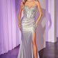 Applique Satin Strapless Leg Slit Gown by Cinderella Divine KV1116 - Special Occasion/Curves