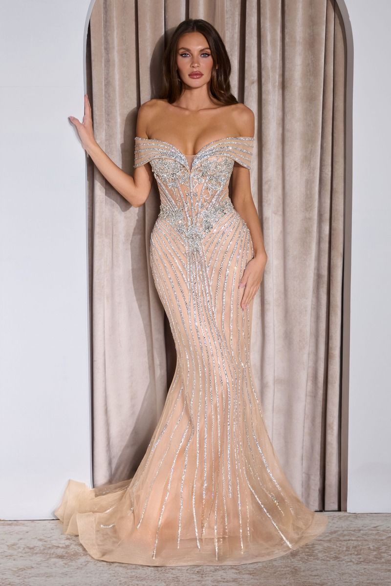 fit and flare mermaid dress Ladivine KV1130 Fitted Off-Shoulder Fully Embellished Evening Gown Midnight Grey / 8