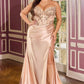 Beaded Lace Strapless Leg Slit Gown By Ladivine KV1136C - Women Evening Formal Gown - Curves