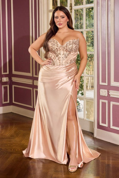 Beaded Lace Strapless Leg Slit Gown By Ladivine KV1136C - Women Evening Formal Gown - Curves