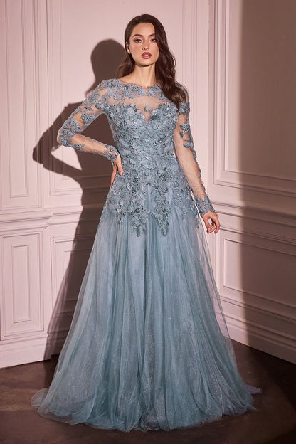 Long Sleeve Layered Tulle A-Line Gown by Cinderella Divine MA108 - Special Occasion/Curves