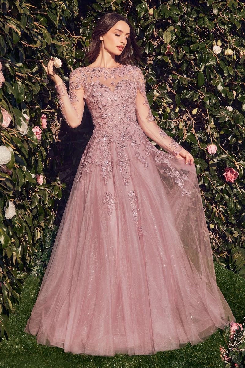 Long Sleeve Layered Tulle A-Line Gown by Cinderella Divine MA108 - Special Occasion/Curves 8 / Dusty Rose Long Sleeve Layered Tulle A-Line Gown by Cinderella Divine MA108 - Special Occasion/Curves 8 / Dusty Rose