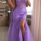 Fitted Sequin Applique Corset Slit Gown by Cinderella Divine CR868 - Special Occasion
