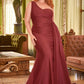 Fitted Stretch Satin One Shoulder Gown by Cinderella Divine PT004C - Curves