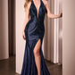 Satin Halter Neckline Leg Slit Gown by Cinderella Divine SF117 - Special Occasion