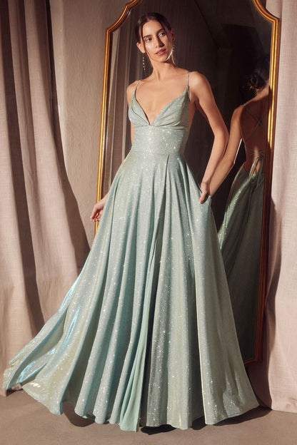 Glitter V-Neck A-Line Slit Gown By Amoris T214 - Women Evening Formal Gown - Special Occasion