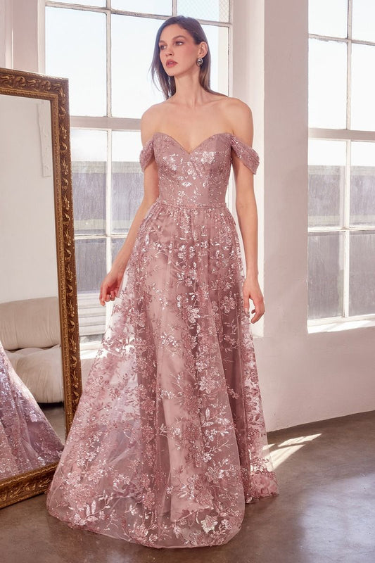 Glitter Off Shoulder A-Line Gown By Amoris T607 - Women Evening Formal Gown - Special Occasion