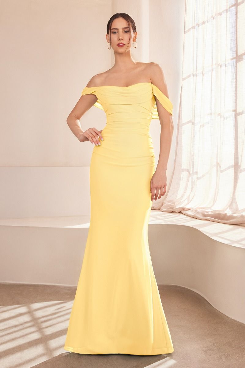 women's cyan off the shoulder dress Chiffon Fitted Off Shoulder Gown by Amoris T705 XL / Light Yellow