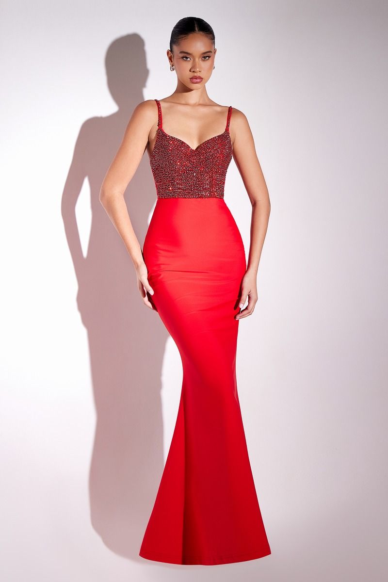 open lace back dress Red Satin Mermaid Gown With Sweetheart Neckline main image 1