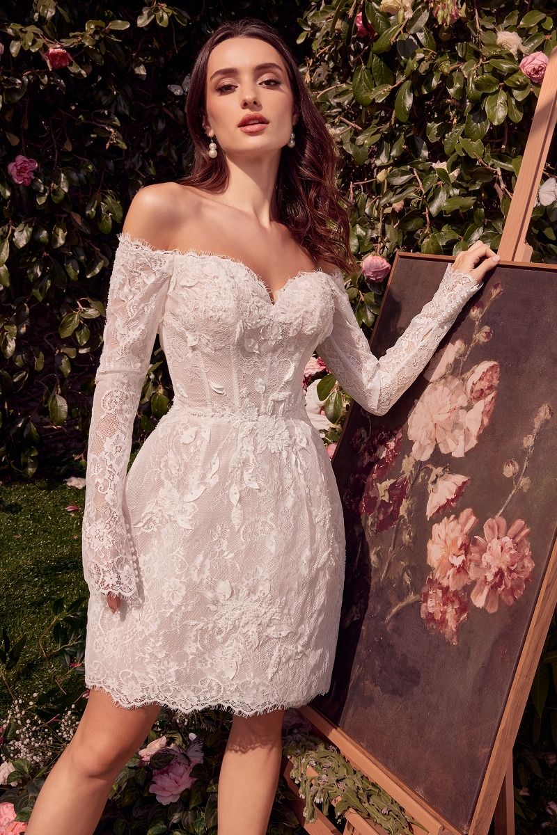 short bridal dress long sleeve Off The Shoulder by Andrea and Leo WL021 8 / Off-White Color:LEMON ICING Ideal for country or sophisticated dress What gold jewelry to