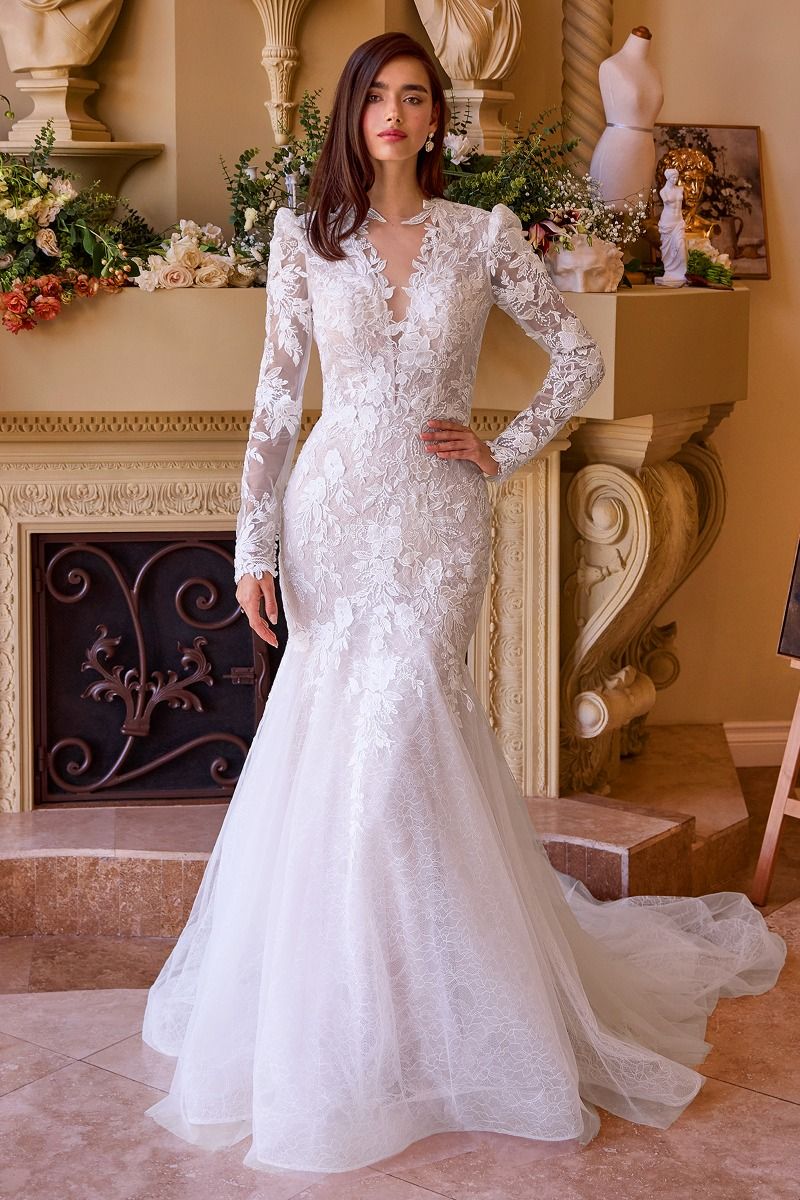 mermaid dress trouwjurk Long Sleeves V-Neckline Mermaid Bridal Gown by Andrea and Leo WL036 8 / Off-White Nude