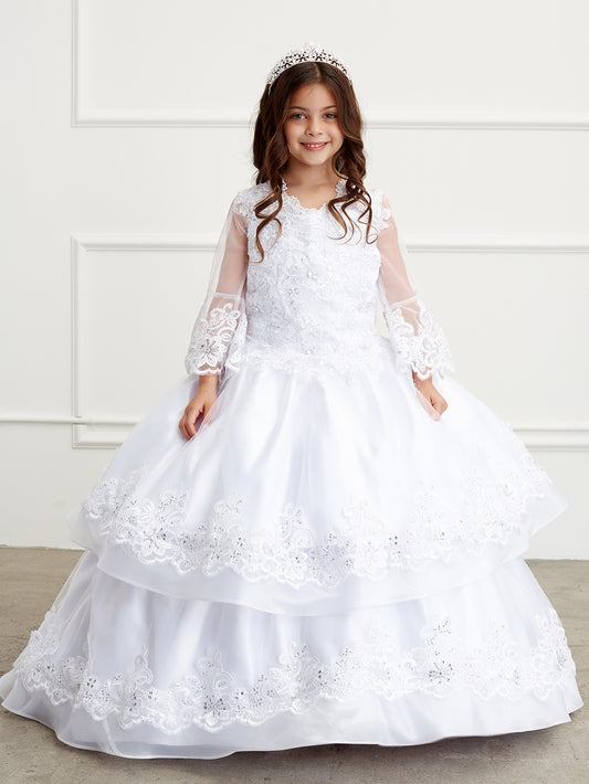 Flower Girl Dress with long Mesh Sleeves and Organza Overlay by TIPTOP KIDS - AS1201